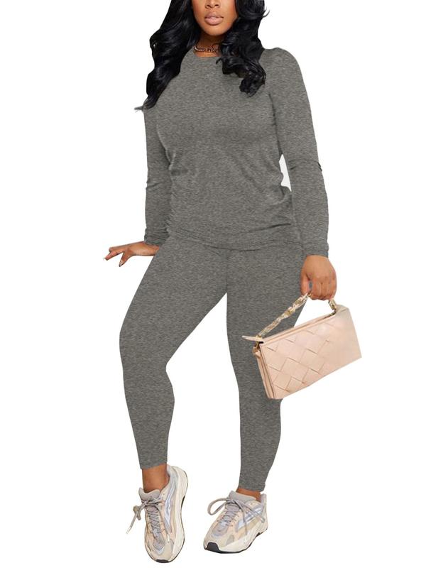 Women's Minimalist Solid Long Sleeve Tee & Elastic Waist Pants Suits Two-Piece Set for Fall, Fall Clothes, 2 Counts Lady Basic Casual Comfortable Round Neck Longsleeves Top & Trousers, Fall Outfits, Fallfreshness