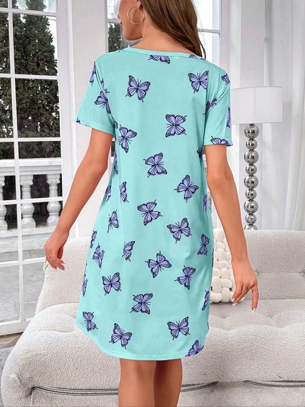 Women's All Over Print Round Neck Nightdress, Casual Soft Comfortable Short Sleeve Nightgown for Daily Wear, Ladies Sleepwear for All Seasons