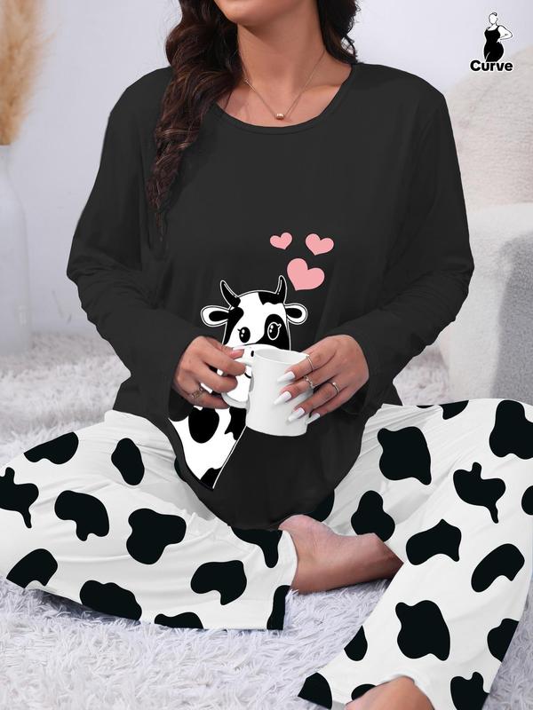  Two-Piece Set Cartoon Animals Print Tee & Elastic Waist Pants Pyjama Set, Casual Comfy Round Neck Long Sleeve T-shirt & Trousers PJ Set, Women's Sleepwear for Spring & Fall