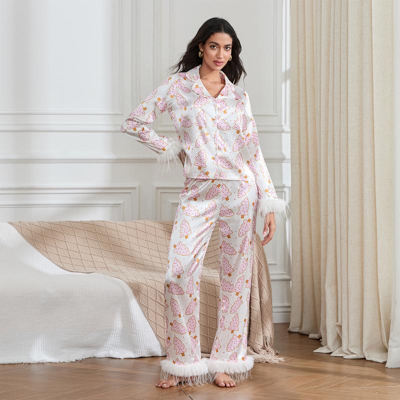 Women Christmas Pajamas Lounge Set Santa Christmas Tree Boots Print Shirts Tops and Pants 2 Piece Loungewear Outfits