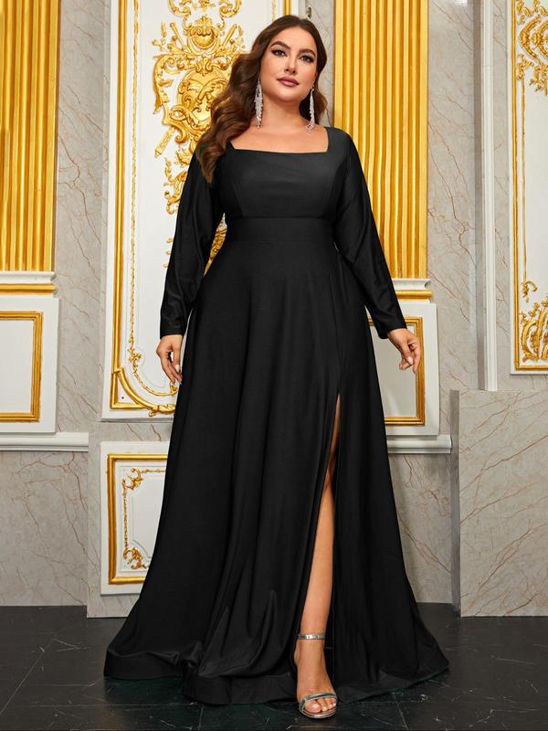  Split Thigh Evening Dress, Elegant Square Neck Long Sleeve Maxi Dress for Evening Party Gown, Women's Clothes for All Seasons