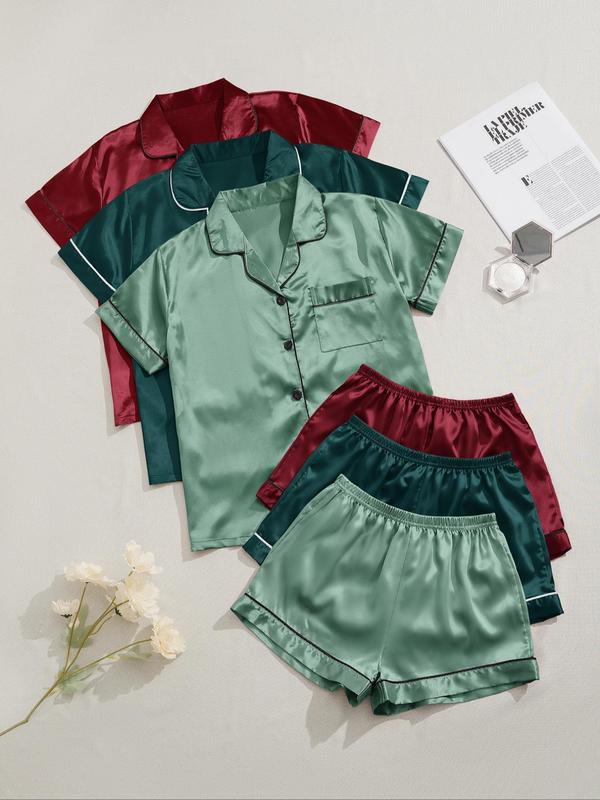 Soft Satin 6 Counts Women's Lapel Neck Short Sleeve Shirt & Elastic Waist Shorts Pajamas Set, Summer Clothes Women, Comfort Basic Minimalist Womenswear, Back To School Gifts, Button Front Shortsleeve Top & Shorts Pj Set, Sleepwear, Homewear