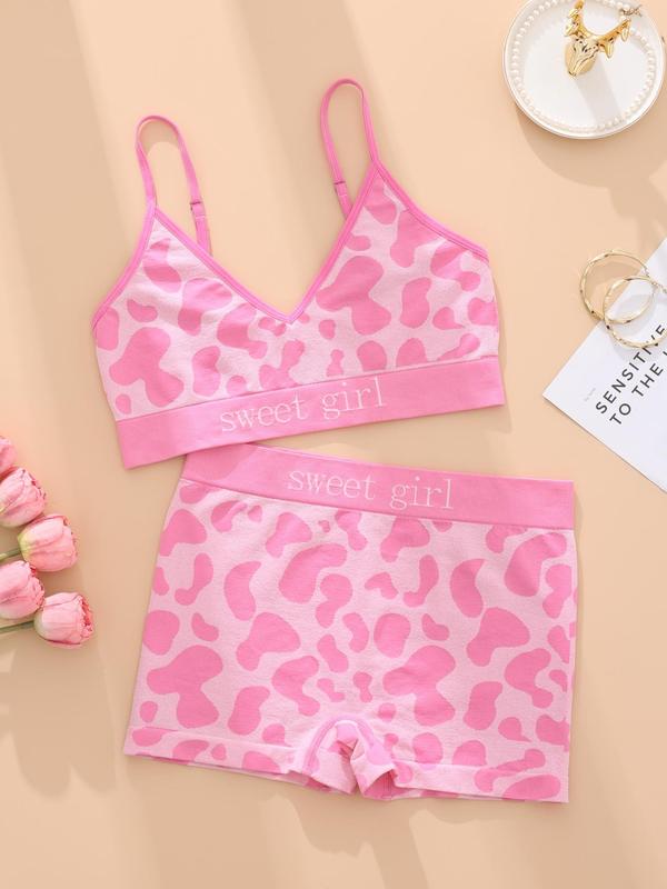 Women's Letter & All Over Cow Print Underwear Set, Casual Comfy Wireless Bra & High Waist Shorts Lingerie Set for Daily Wear, Underwear Set for Women