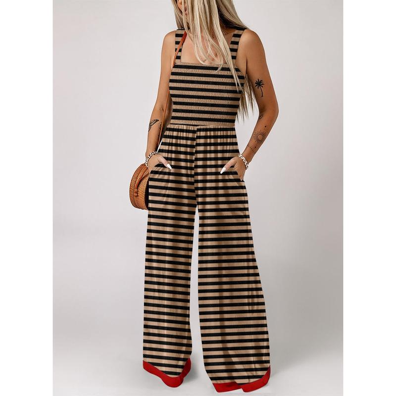 Dokotoo Square Neckline Stretch Waistband Striped Colors Jumpsuit Casual High Waist Colorblock Sleeveless Shift