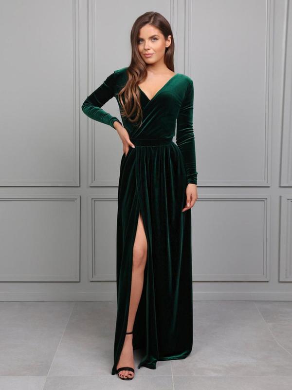 Women's Velvet Split Thigh Wrap V Neck Backless A Line Dress, Elegant Long Sleeve Maxi Dress for Party Holiday Wedding Guest, Ladies Fall & Winter Clothes