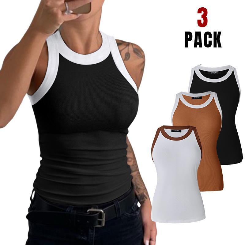 Chicme 3-Piece Contrast Binding Basic Slim Knit Ribbed Racerback Tank Top casual tanktop top