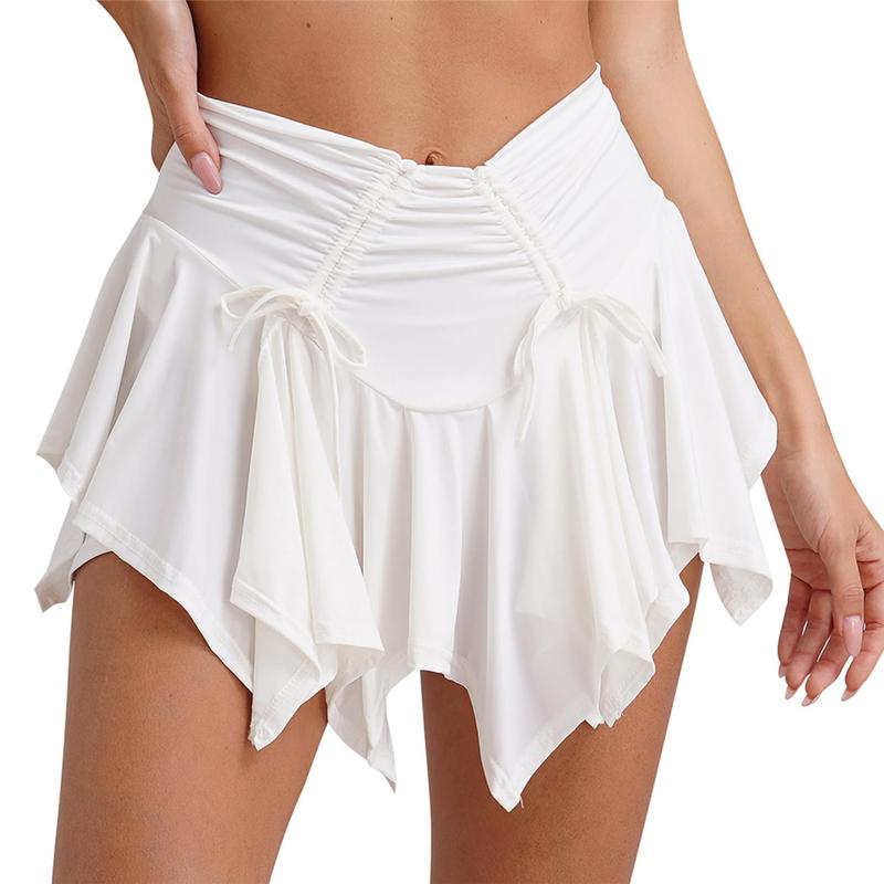 Women's Fashion Mini Skirts Solid Color Tie-Up Ruched Irregular Hem Pleated Skirts Gothic Punk Summer Casual Skirts