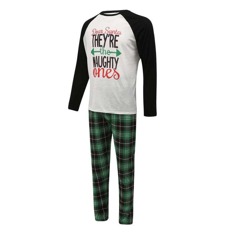 Christmas Pajamas For Family, Long Sleeve Letter Raglan Tops + Plaid Pants Set Loungewear