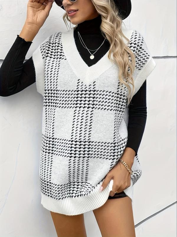 Women's Plaid Print Batwing Sleeve Sweater Dress, Casual V Neck Cap Sleeve Knit Dress for Daily Wear, Dresses for Women, Ladies Clothes for All Seasons, Preppy 80s Clothes