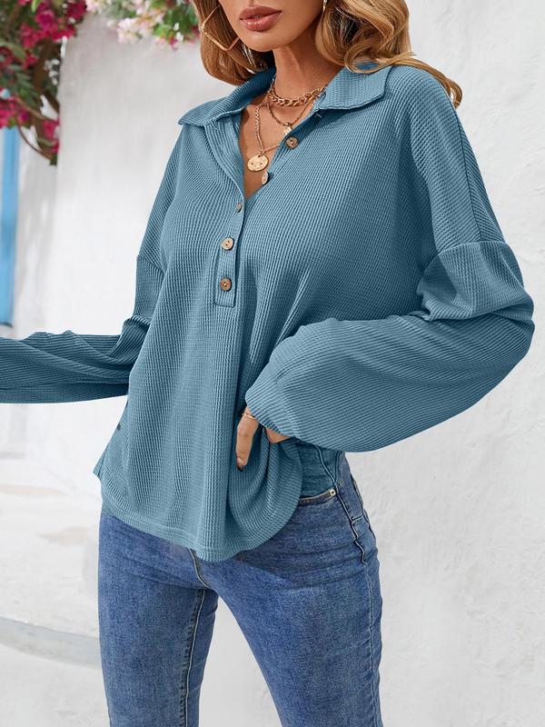 Women's Plain Drop Shoulder Polo Shirt, Casual Long Sleeve Half Button Collared Top for Spring & Fall, Women's Clothing for Daily Wear, Fall Clothes 2024