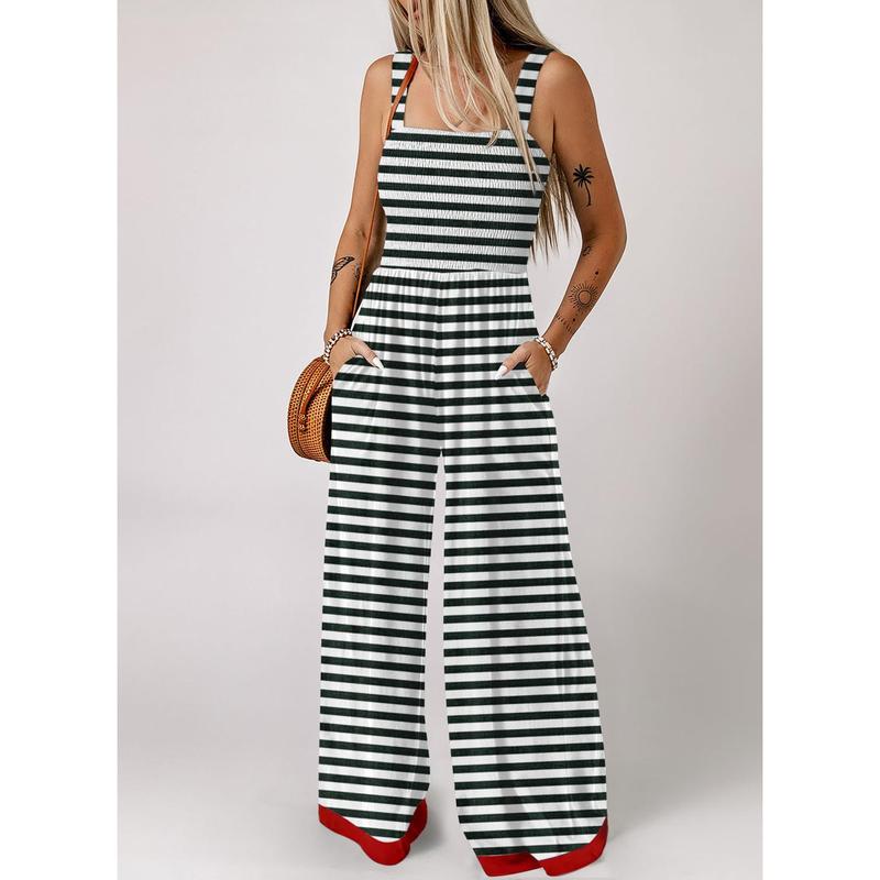 Dokotoo Square Neckline Stretch Waistband Striped Colors Jumpsuit Casual High Waist Colorblock Sleeveless Shift