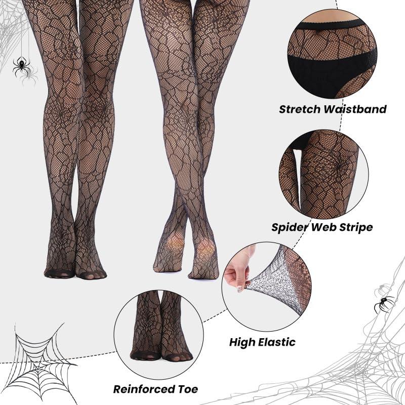 Spider Web Fishnet Tights, Women's Black Stretchy Pantyhose Lace Goth Tights, Cobweb Patterned Stockings Net Tights for Cosplay Costume Lingerie Accessories, One Size