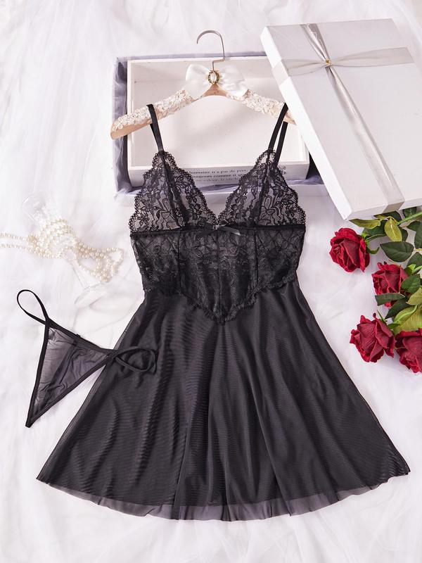 Women's Floral Lace Cami Nightdress & Thong Sexy Sleepwear Two-Piece Set, Romantic Comfy Nighty Dress & Panty Set, Women's Sleepwear for All Seasons