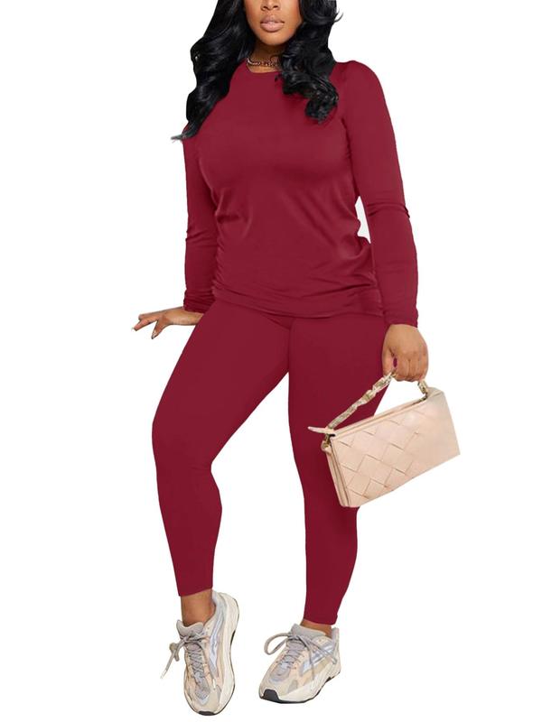 Women's Minimalist Solid Long Sleeve Tee & Elastic Waist Pants Suits Two-Piece Set for Fall, Fall Clothes, 2 Counts Lady Basic Casual Comfortable Round Neck Longsleeves Top & Trousers, Fall Outfits, Fallfreshness