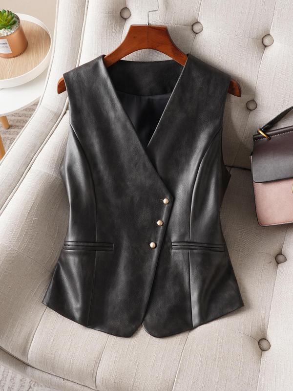 Women's Solid Button Front Fake Pocket Design PU Leather Vest, Elegant Fashion Casual Comfy Sleeveless V Neck Vest for Daily Outdoor Wear, Women Clothing for all Seasons