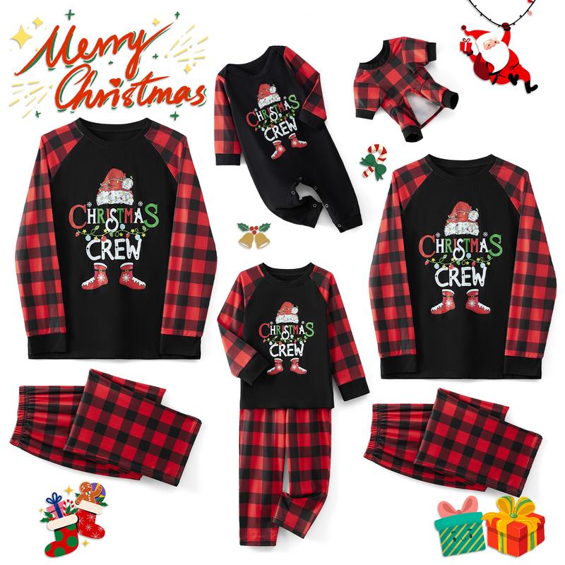 Matching Christmas Pajamas For Family Letter Santa Hat Print Long Sleeve Tops and Plaid Pants Sleepwear