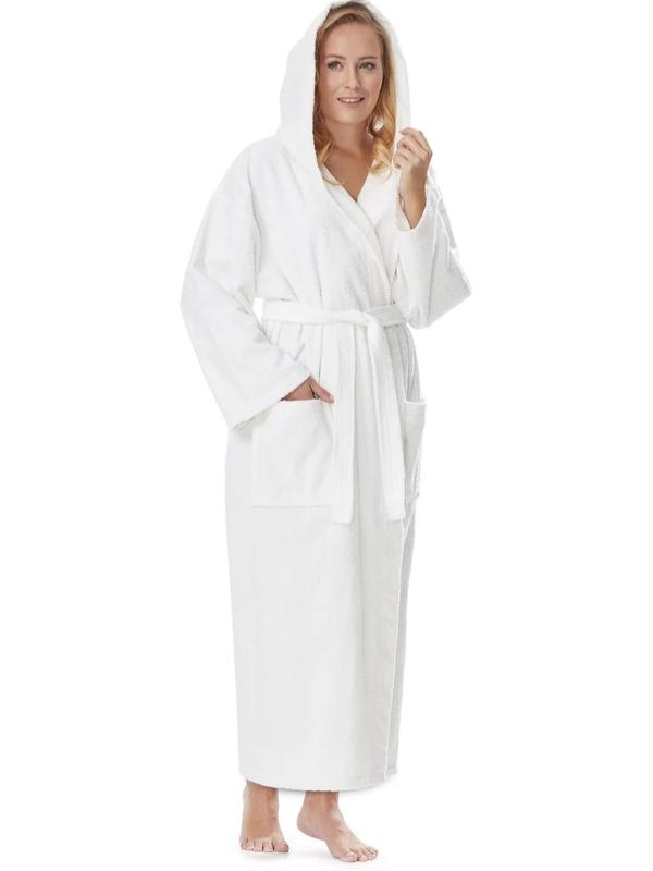 Women's Hooded Empress Cotton Terry Bathrobe Full Length Long, Belt Womenswear Comfort Gowns Pockets Nightwear Style Lady