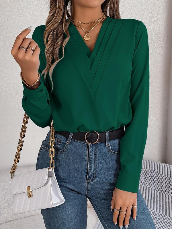 Women's Plain V Neck Blouse, Elegant Long Sleeve Shirts Top for Spring & Fall, Fall Outfits, Ladies Clothes for Daily Wear, Fall Clothing Women, Comfort Womenswear, Going Out Tops, Fall Clothes