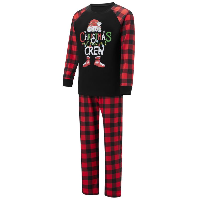 Matching Christmas Pajamas For Family Letter Santa Hat Print Long Sleeve Tops and Plaid Pants Sleepwear