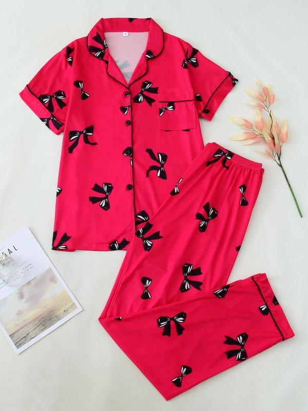 Two-piece Set Women's Bowknot  Print Contrast Binding Lapel Shirt & Elastic Waist Pants Pyjama, Casual Comfy Short Sleeve Pocket Top & Trousers Pj Set, Ladies Sleepwear for All Seasons