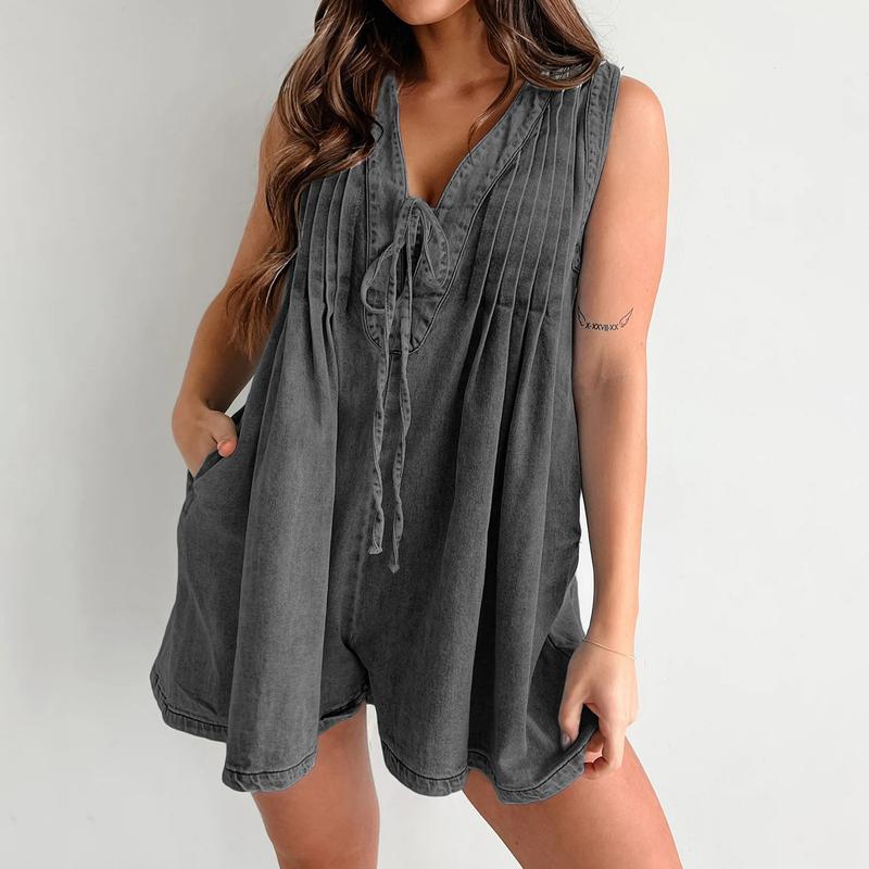 Women's Demin Tank Top Jumpsuit Loose Pleated Tie Front V Neck Sleeveless Shorts Romper with Pockets for Summer