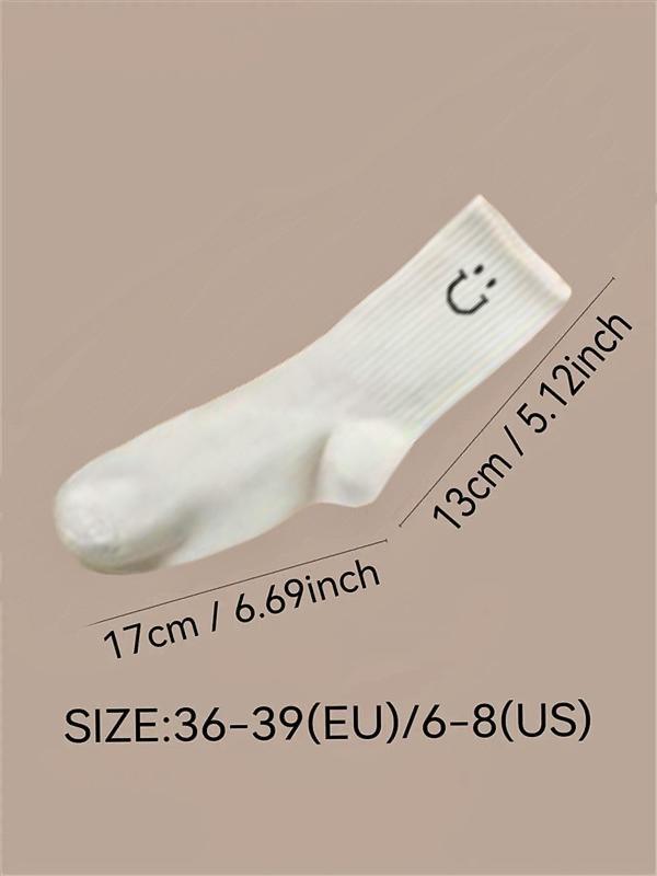 Random Women's Smile Face Print Mid-calf Socks, Casual Comfortable Breathable Socks for Daily Wear, Women's Socks for All Seasons