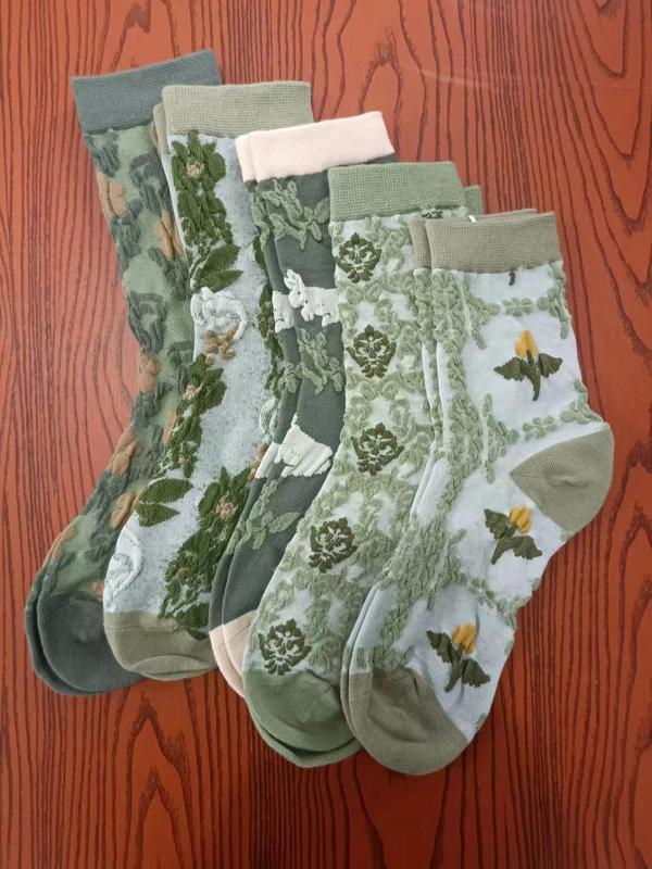 Women's Colorblock & Floral Jacquard Crew Socks, Vintage Fashion Casual Comfy Socks for Daily Wear, Women Socks for Fall & Winter, Fall Wear, Fallfreshness