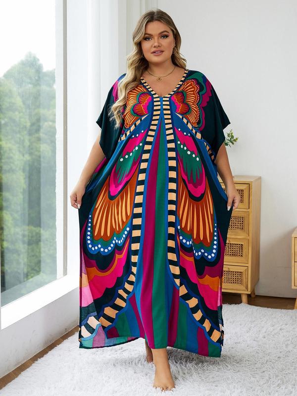 Plus Size Women's All Over Print Batwing Sleeve V Neck Dress, Muumuu Dress, Boho Casual Half Sleeve Long Dress for Daily Holiday Vacation Wear, Maxi Dresses for Summer, Ladies Clothing for Summer, Birthday Dress for Women Black Girl Outfits Utah Girl Fits