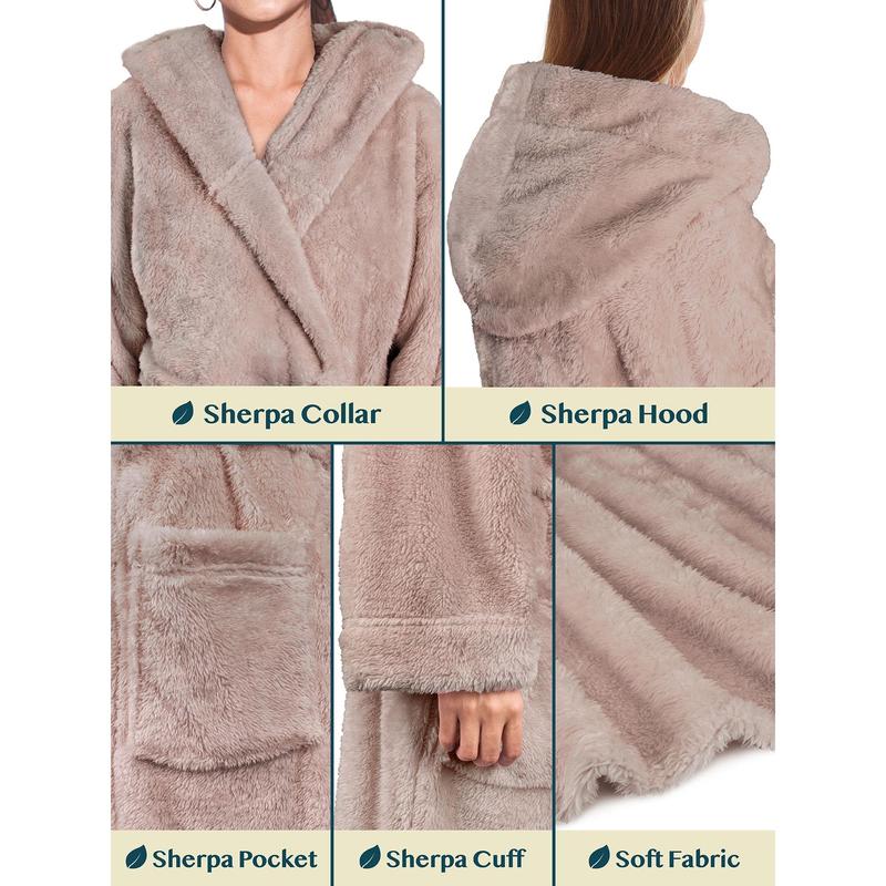 Women Hooded Plush Soft Robe | Fluffy Warm Fleece Sherpa Shaggy Bathrobe (L XL, Taupe)