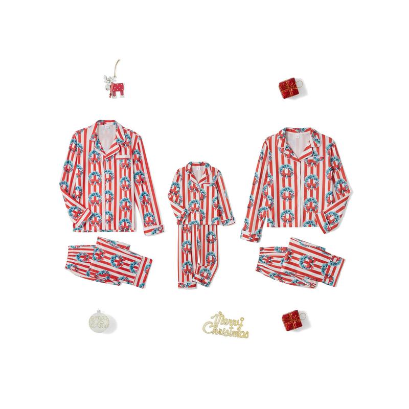 Family Matching Christmas Pajama Set, Striped Bow Wreath Print Long Sleeve Button Down Tops Elastic Waist Pants