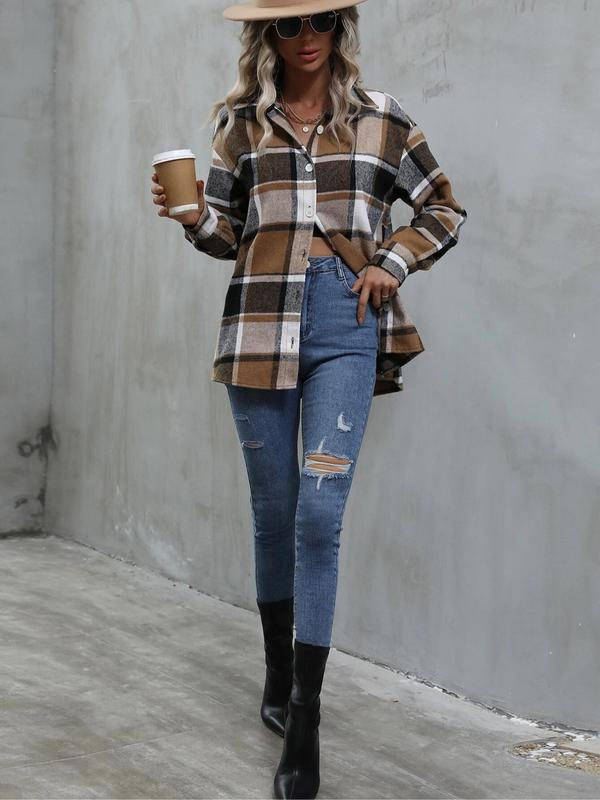 Women's Plaid Print Button Front Shirt, Casual Drop Shoulder Long Sleeve Collared Shirt for Fall & Winter, Women's Clothes for Daily Wear