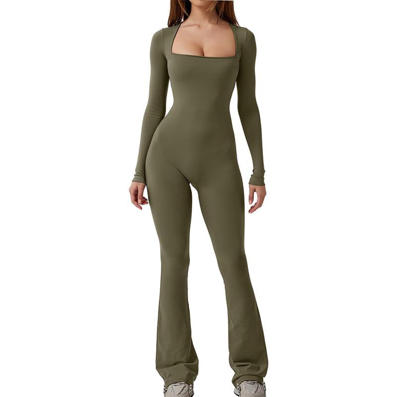 Women's Long Sleeve Jumpsuit Square Neck Wide Leg Full Length Bodysuit Jumpsuit One-Piece Body Shaping Workout Bodysuit