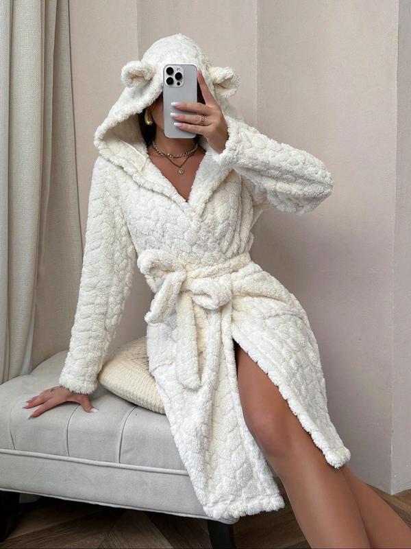 Women's Solid Belted Hooded Coral Fleece Bathrobe, Casual Long Sleeve Warm Robe, Ladies Sleepwear for Fall & Winter