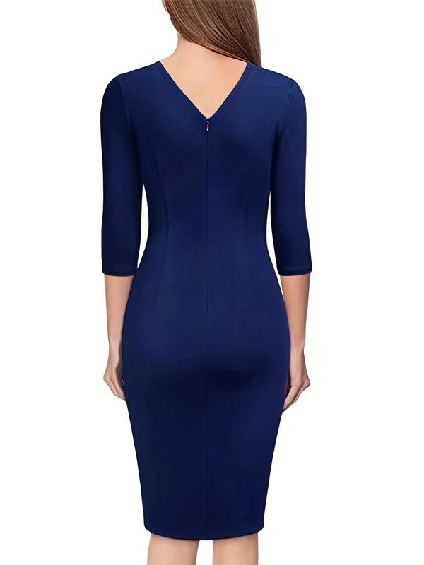 Women's Plain V Neck Belted Wrap Ruched Knee Length Bodycon Dress, Elegant Asymmetrical Hem Dress, Women's Spring & Fall Clothes For Work Office Business