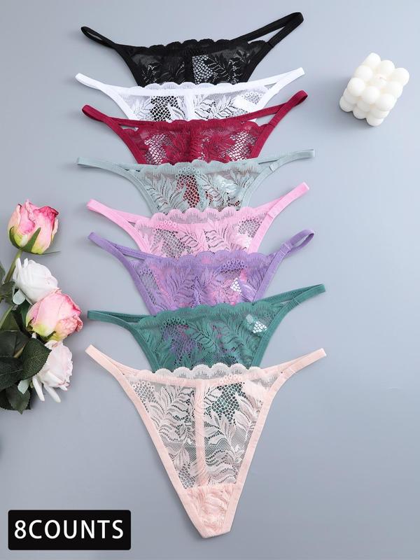 Women's Solid Color Sheer Lace Thong, Soft Comfy Breathable Drop Waist Panty for Daily Wear, Women's Underwear for All Seasons