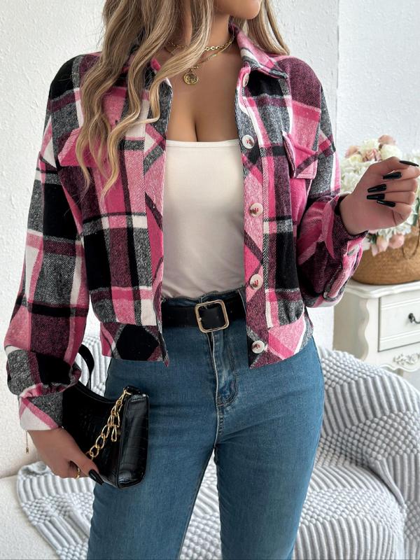 Women's Plaid Print Button Front Drop Shoulder Jacket, Casual Long Sleeve Collared Outerwear for Fall & Winter, Ladies Tops Clothes for Daily Wear