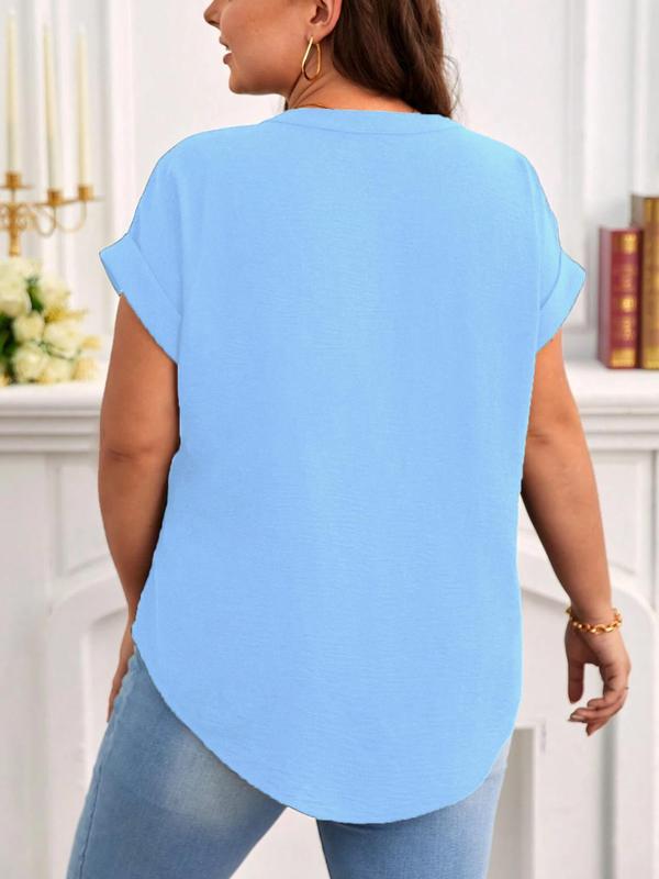  Plain Notched Neck Batwing Sleeve Shortsleeve Blouse, Plus Casual Short Sleeve Asymmetrical Hem Shirts Top for Lady, Going Out Tops, Plus Size Clothes, Women's Plus Clothing for Daily Wear, Womenswear, Summer Outfits 2024