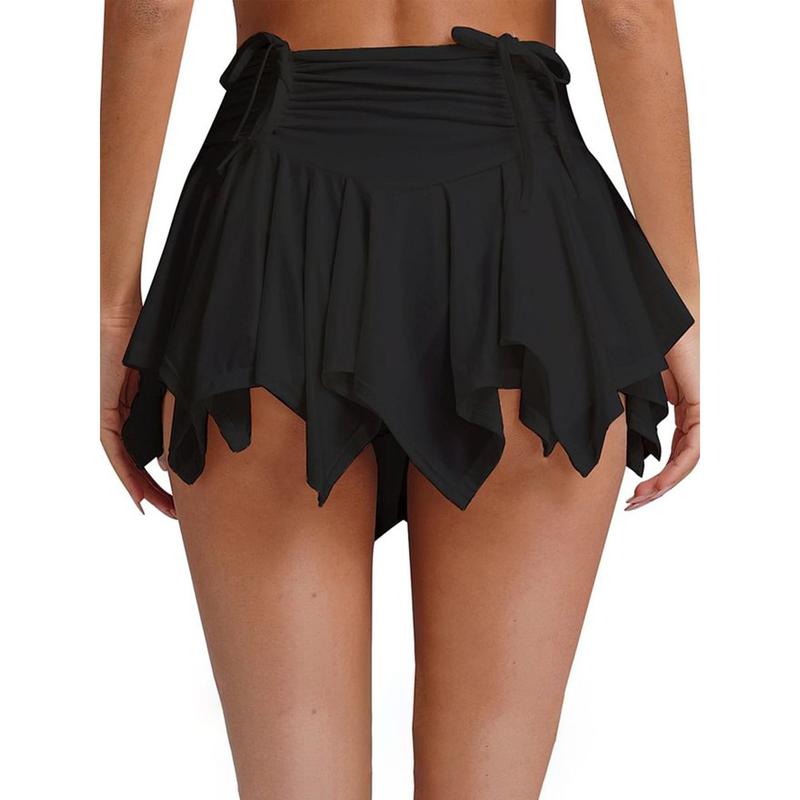 Women's Fashion Mini Skirts Solid Color Tie-Up Ruched Irregular Hem Pleated Skirts Gothic Punk Summer Casual Skirts