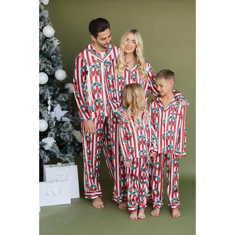 Family Matching Christmas Pajama Set, Striped Bow Wreath Print Long Sleeve Button Down Tops Elastic Waist Pants