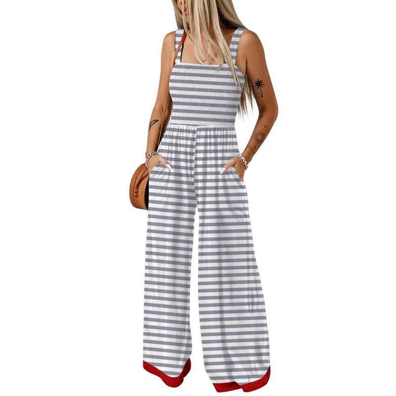 Dokotoo Square Neckline Stretch Waistband Striped Colors Jumpsuit Casual High Waist Colorblock Sleeveless Shift