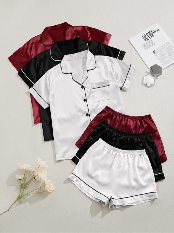 Soft Satin 6 Counts Women's Lapel Neck Short Sleeve Shirt & Elastic Waist Shorts Pajamas Set, Summer Clothes Women, Comfort Basic Minimalist Womenswear, Back To School Gifts, Button Front Shortsleeve Top & Shorts Pj Set, Sleepwear, Homewear