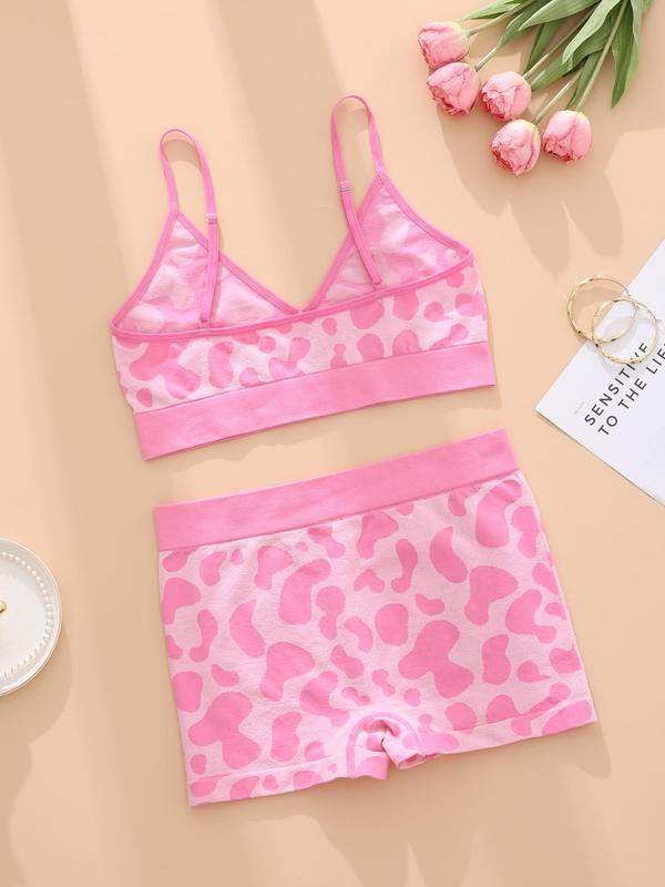 Women's Letter & All Over Cow Print Underwear Set, Casual Comfy Wireless Bra & High Waist Shorts Lingerie Set for Daily Wear, Underwear Set for Women