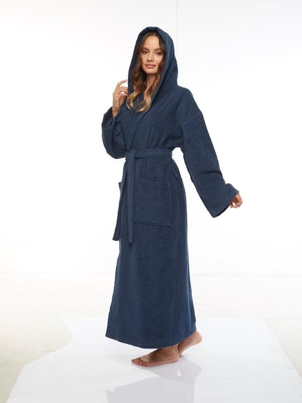 Women's Hooded Empress Cotton Terry Bathrobe Full Length Long, Belt Womenswear Comfort Gowns Pockets Nightwear Style Lady