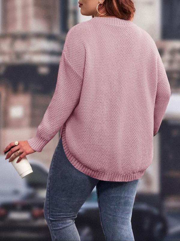  Solid Color Drop Shoulder Sweater, Casual Long Sleeve Round Neck Jumper for Fall & Winter, Women's Plus Clothing for Daily Wear, Sweaters for Women