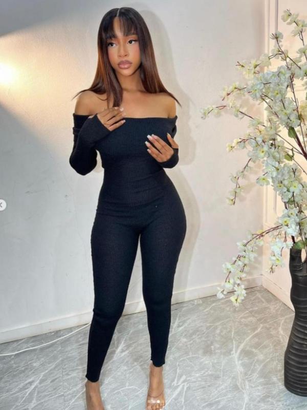 Women's Solid Off Shoulder Long Sleeve Jumpsuit, Casual Comfy Bodycon Jumpsuit for Daily Wear, Ladies Clothes for All Seasons