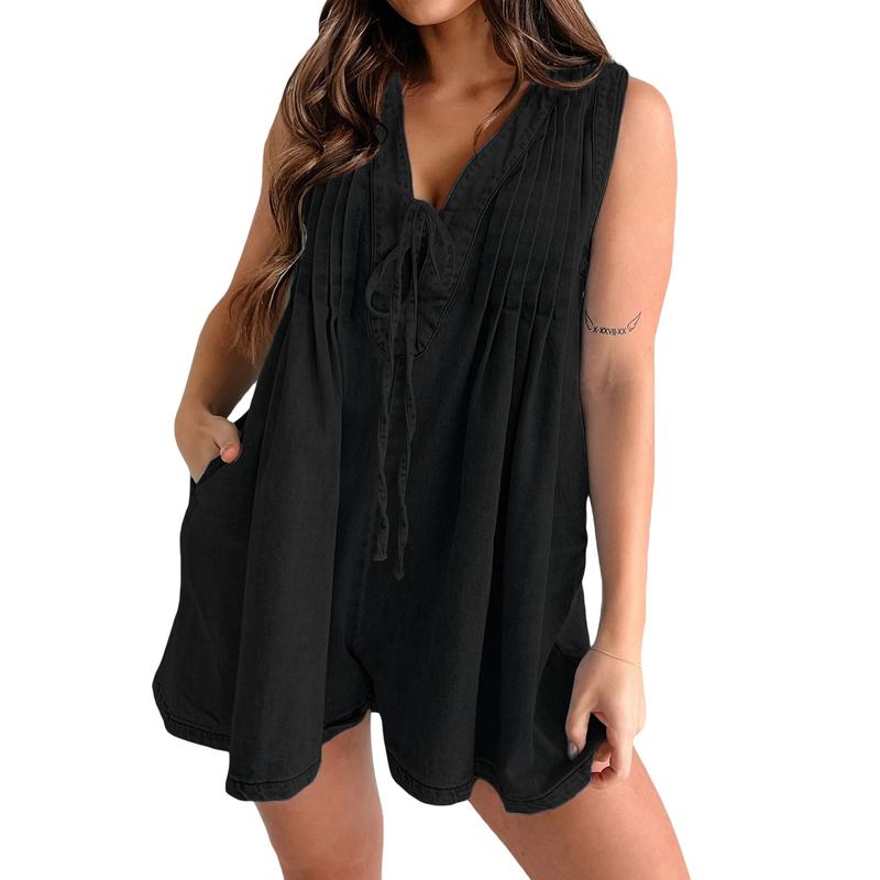 Women's Demin Tank Top Jumpsuit Loose Pleated Tie Front V Neck Sleeveless Shorts Romper with Pockets for Summer