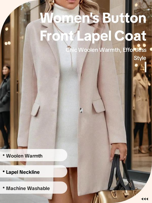 Women's Solid Button Front Lapel Coat, Casual Long Sleeve Outerwear for Fall & Winter, Ladies Clothes for Daily Wear, Going Out Outfits 2024