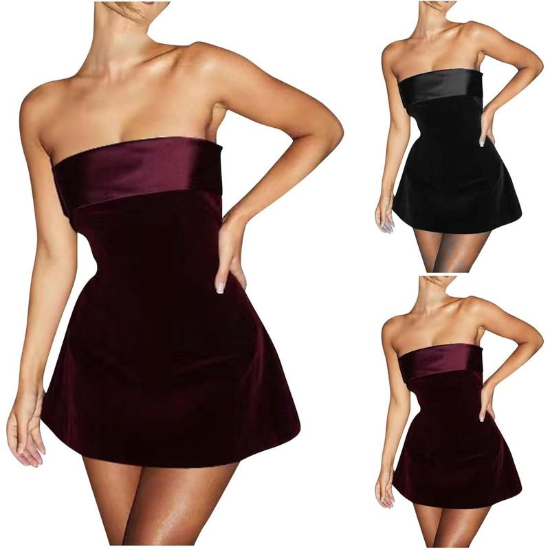 Women's Elegant Velvet Satin Tube Mini Dress Fashion Sexy Strapless Slim Y2k Christmas Backless One Neck Sheath Dress Women  Short Party Homecoming Dresses