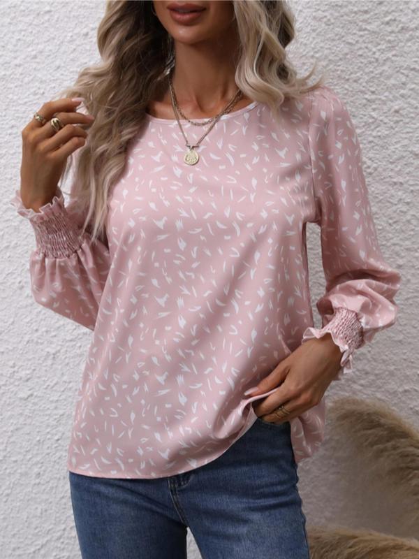 Women's All Over Print Frill Shirred Bishop Sleeve Blouse without Necklace, Going Out Tops, Elegant Round Neck Long Sleeve Top for Spring & Fall, Women's Clothes for Daily Vacation Outdoor