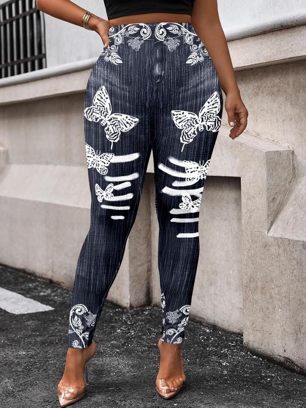  Butterfly & Floral Print High Waist Leggings, Casual Comfy Skinny Pants for Daily Wear, Women's Bottoms for Fall & Winter